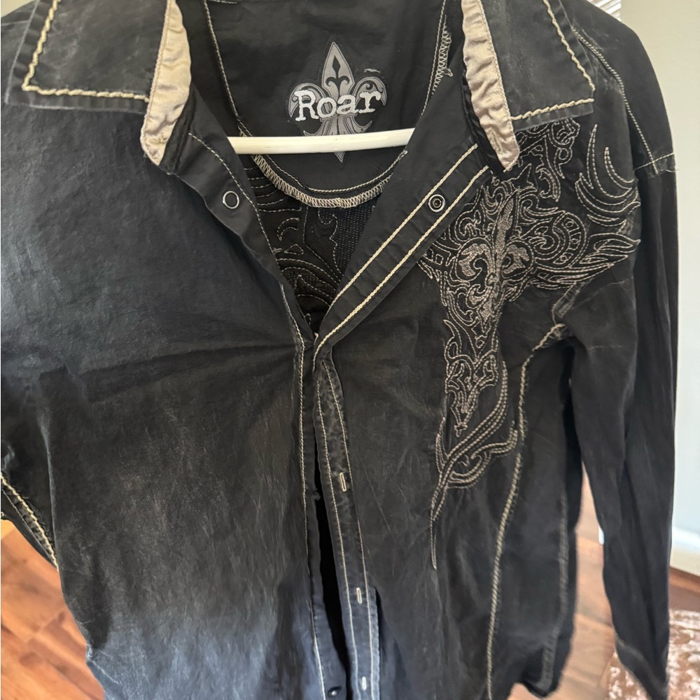 Roar Black Embroidered Button-Up Shirt